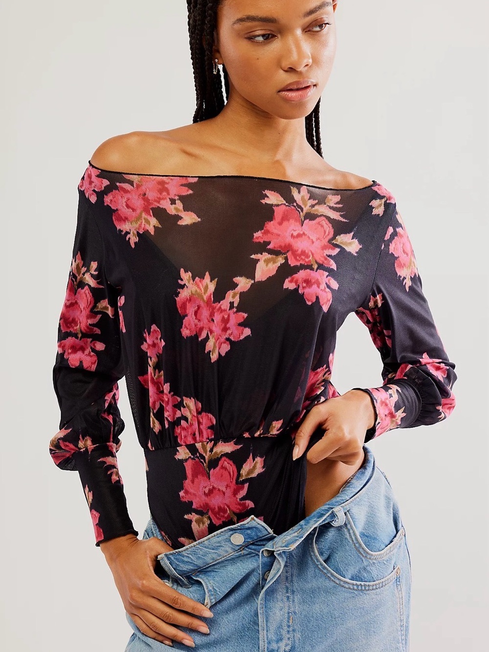 Free People Black Sheer Floral Off-Shoulder Long Sleeve Bodysuit